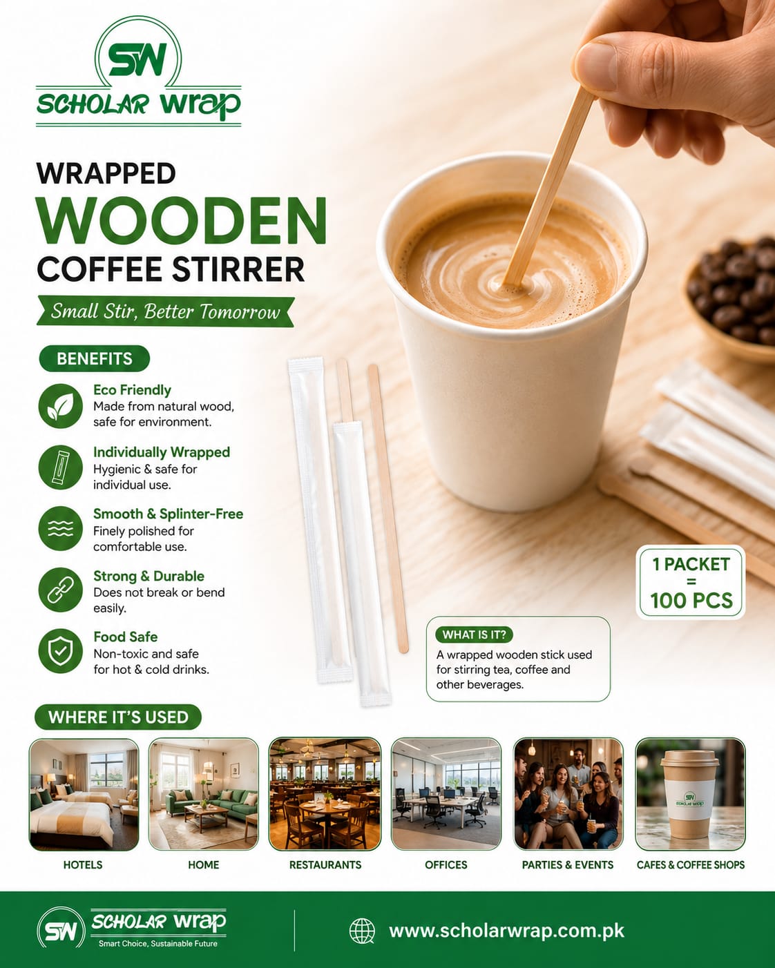 Wrapped Wooden Coffee Stirrer . 100 pcs