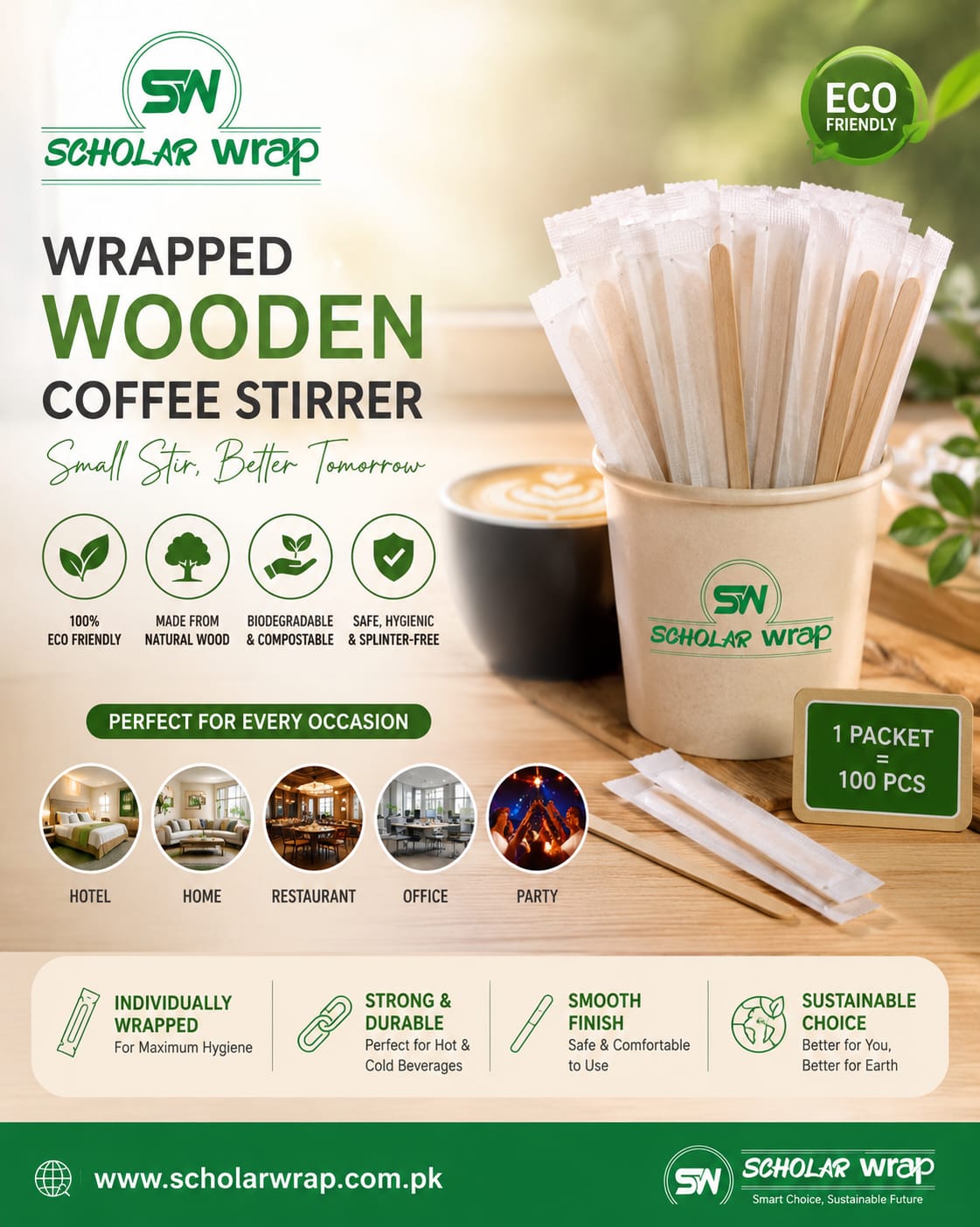 Wrapped Wooden Coffee Stirrer . 100 pcs
